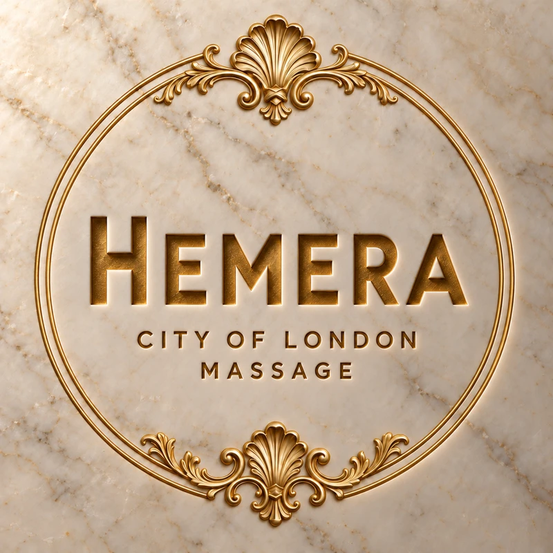 HEMERA City of London Massage — gold engraved lettering and Rococo circle on ivory marble