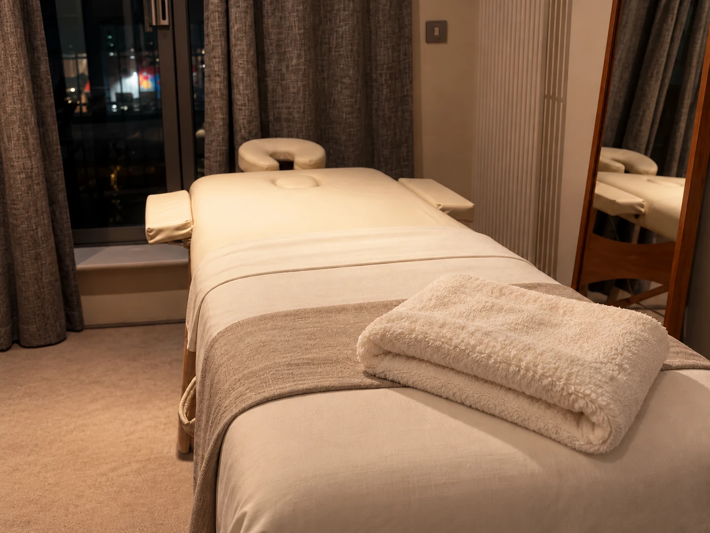 Folded towel and ivory linen on the massage table