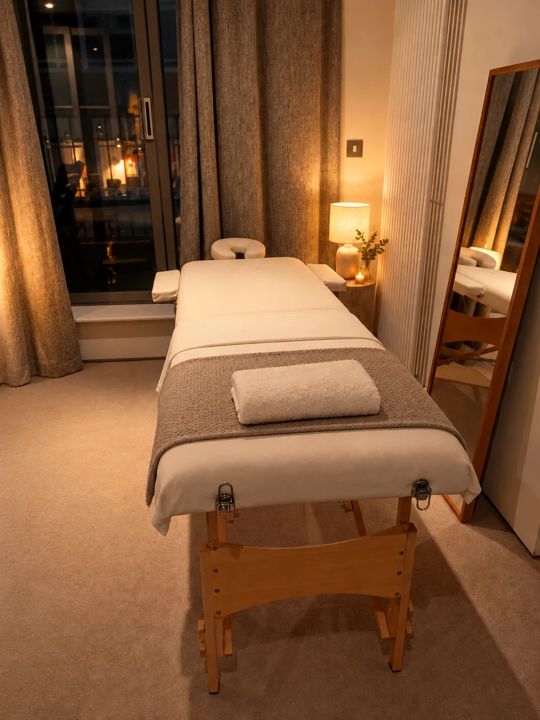 Cream massage table with soft lighting and neutral linen